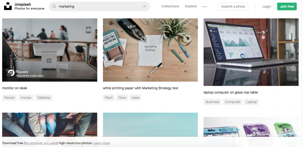 Unsplash marketing search screenshot